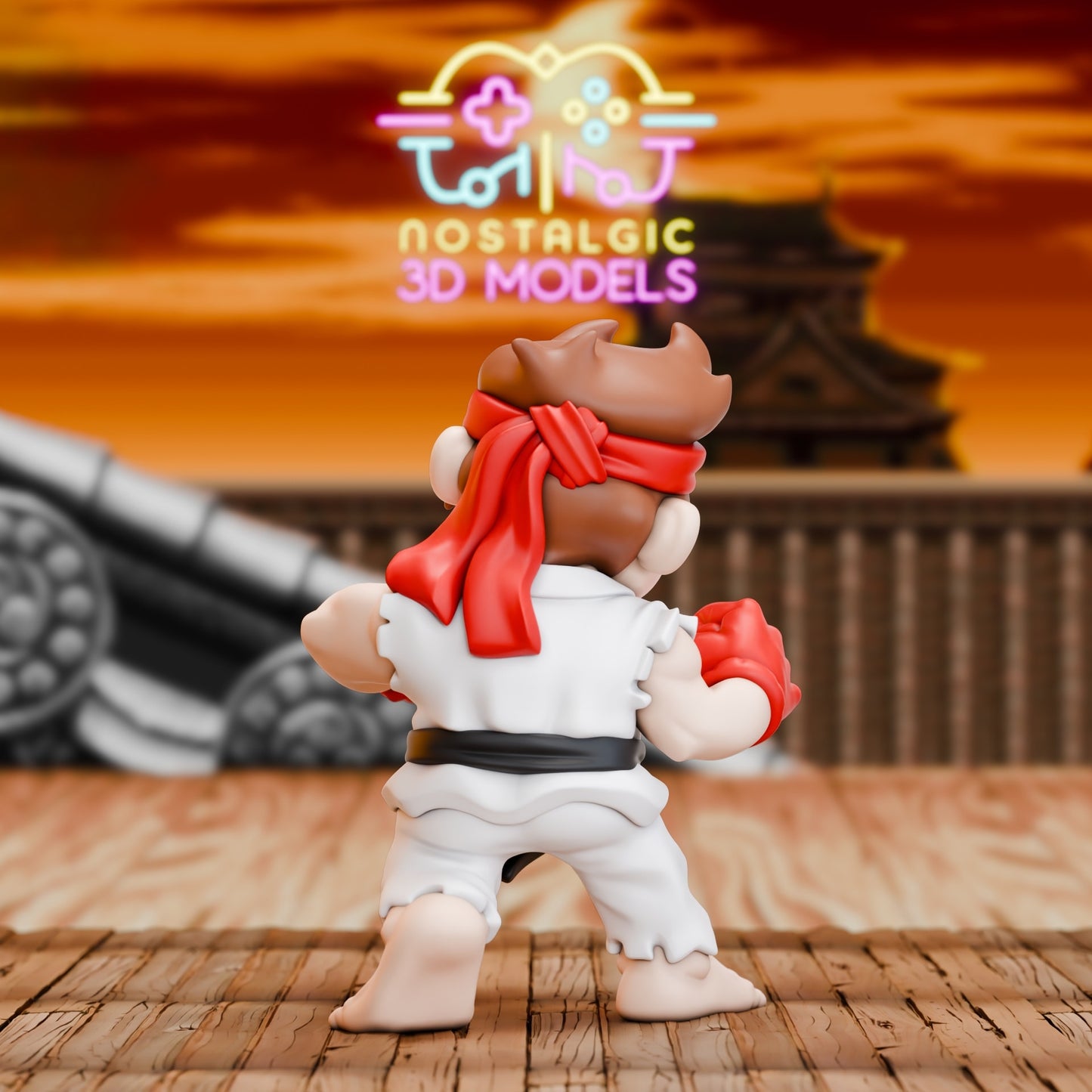 3D printed figure of Mario dressed as a Street Fighter character, seen from behind. He wears a white gi with a black belt, red headband, and red gloves, standing on a wooden fighting stage with a dramatic sunset backdrop and the “Nostalgic 3D Models” neon logo above.