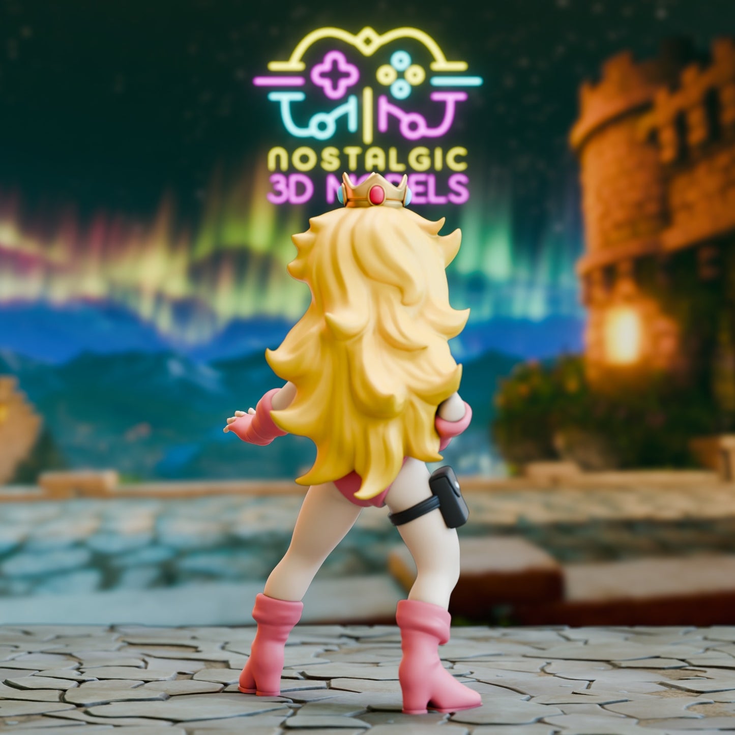 Back view of the Peach x Cammy crossover 3D printed figure showing flowing blonde hair, pink outfit, and holstered leg pouch. Background features a glowing aurora and medieval-style castle.