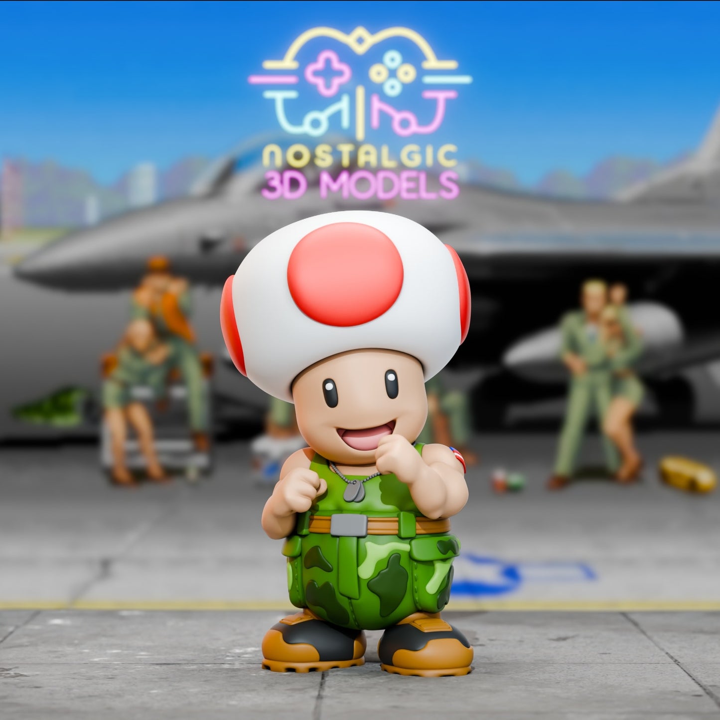 Front view of the Toad x Guile 3D printed figure. Toad is smiling with clenched fists, wearing a green camouflage outfit and dog tags, ready for battle on an airfield background.