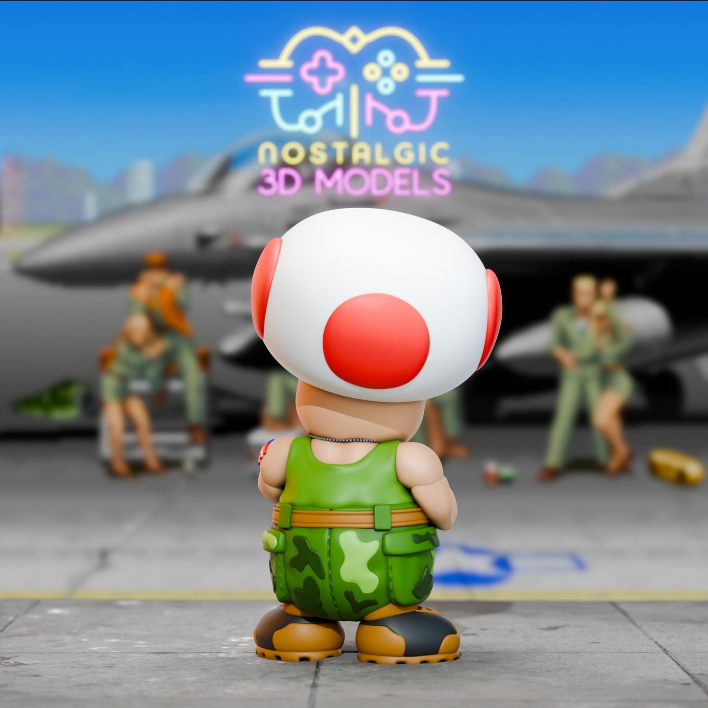 3D printed figure of Toad dressed as Street Fighter’s Guile, viewed from behind. He’s wearing a green camo outfit and standing on an airfield with a fighter jet in the background.