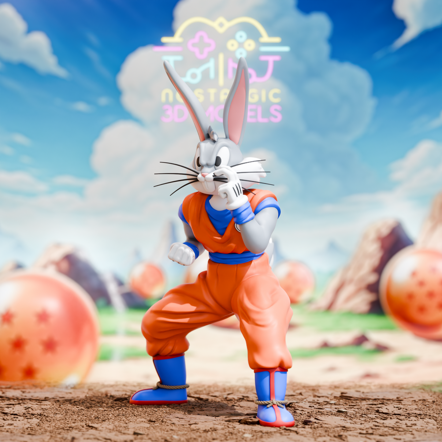 A 3D printed figure of Bugs Bunny dressed as Goku from Dragon Ball Z, striking a fighting pose with one fist raised and the other hand touching his cheek. He’s wearing an orange gi with blue wristbands and boots, standing on a desert-like terrain with large Dragon Balls in the background.