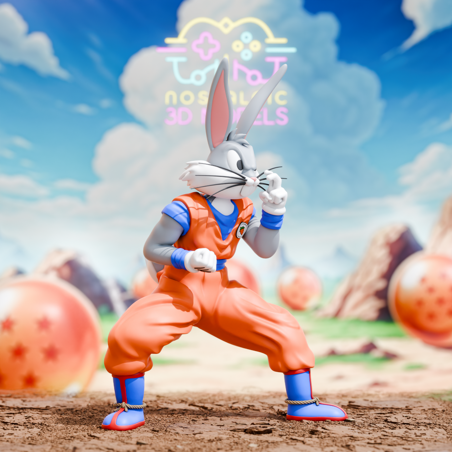 A side view of the 3D printed Bugs Bunny as Goku figure, showcasing his detailed orange outfit and determined expression. He is posed mid-fight with his right fist clenched and his left hand by his cheek, standing confidently in a rocky anime-inspired landscape.