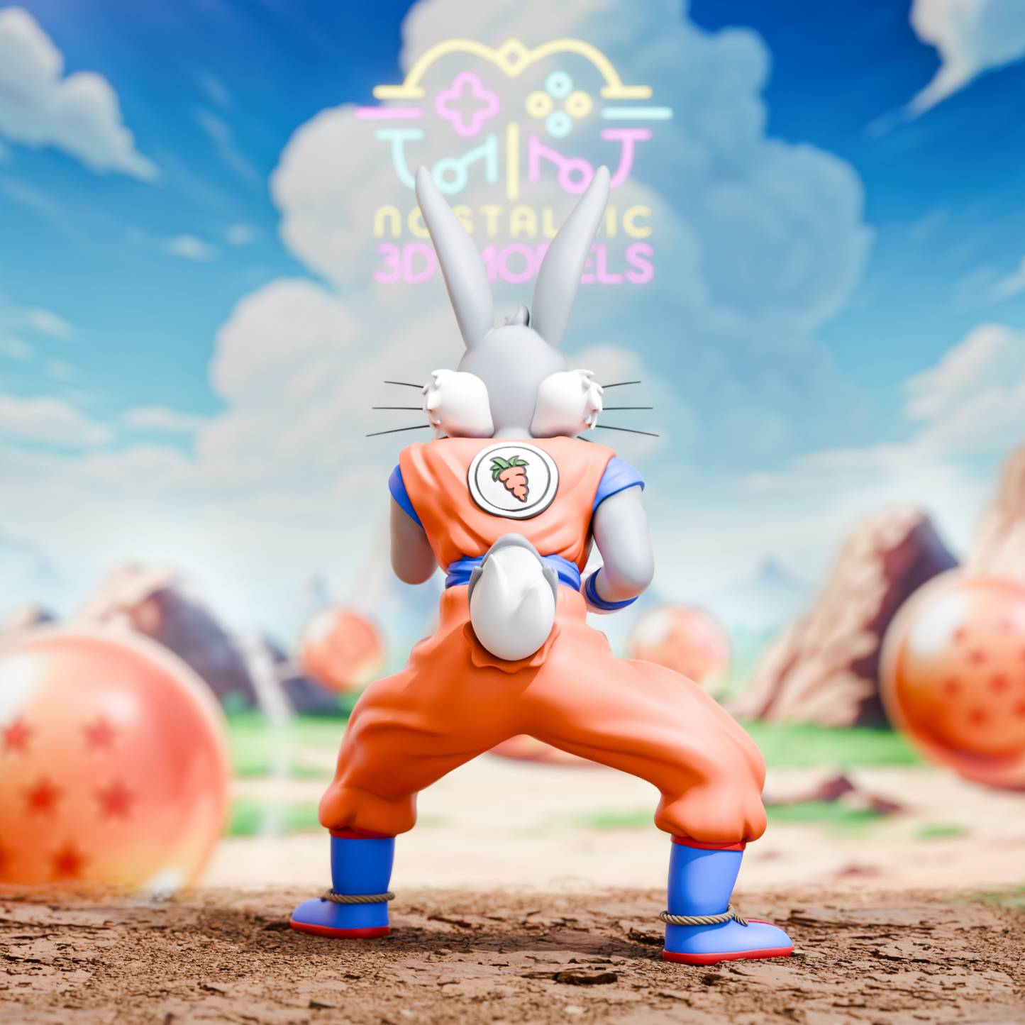 Rear view of the 3D printed Bugs Bunny figure dressed as Goku, showing the carrot emblem on the back of his gi. His long ears stand tall and his white cotton tail peeks out from under the orange fabric. Background features Dragon Balls and rocky terrain.