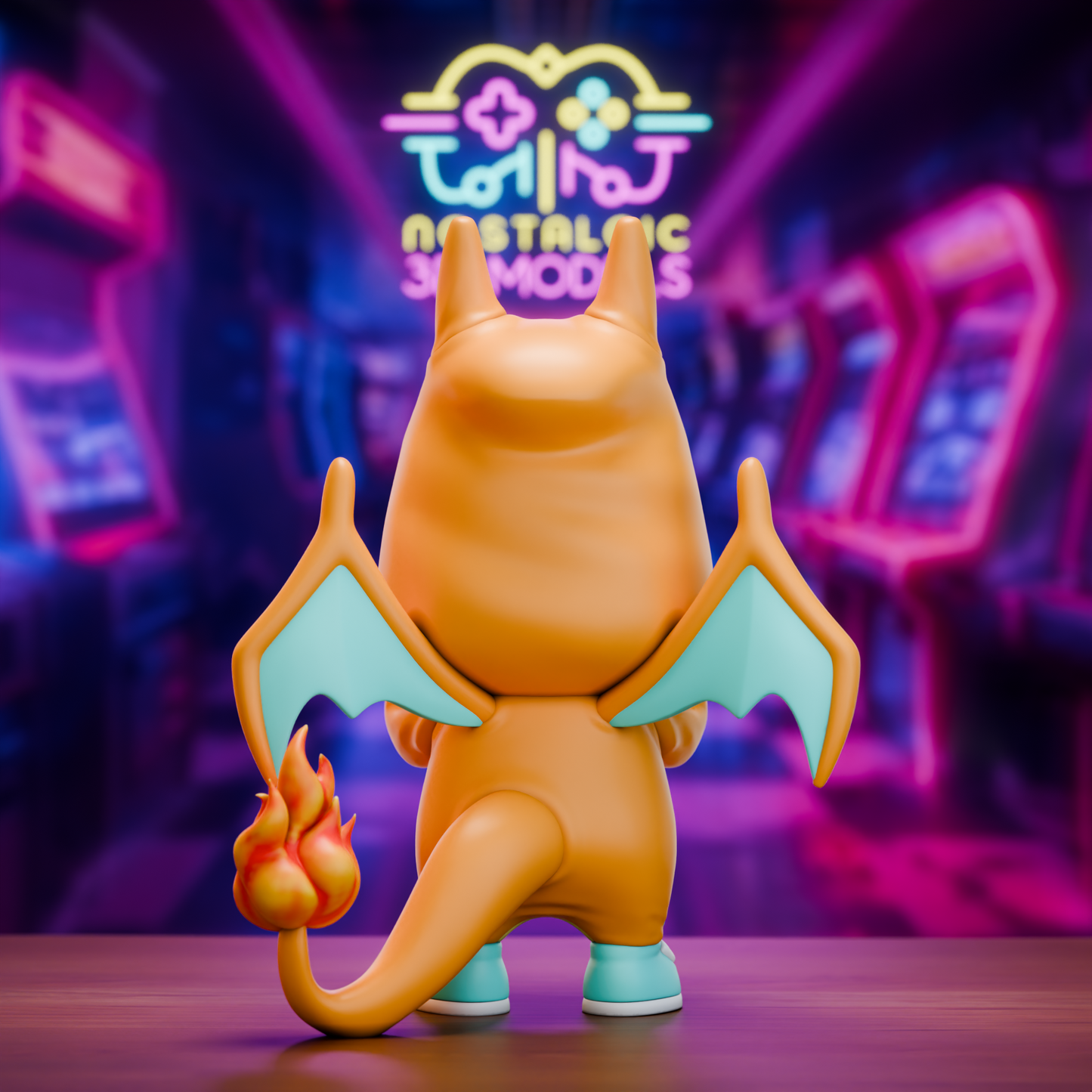 Back view of Charmander hoodie figure showing sculpted flame tail, dragon wings, and detailed hood with ears