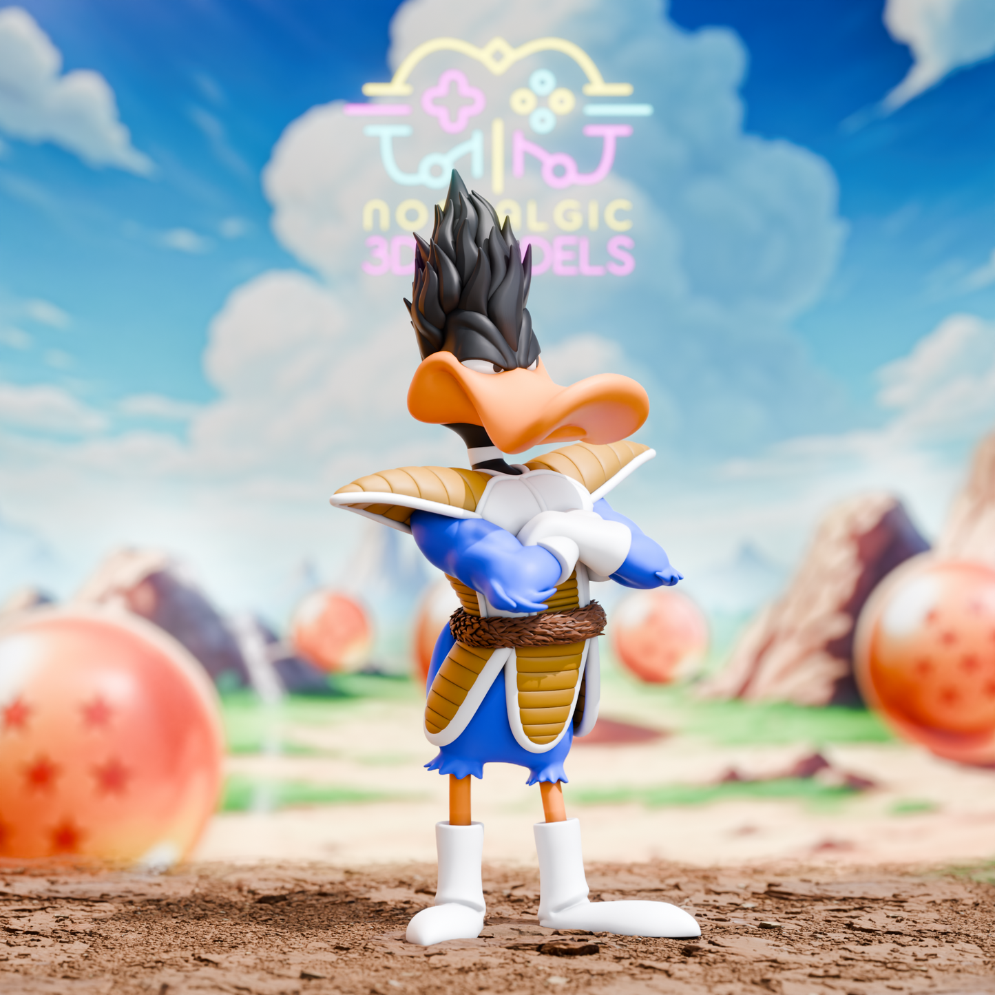 Side view of the Daffy-Vegeta figure showing detail in the scouter, gloves, and iconic shoulder plates.