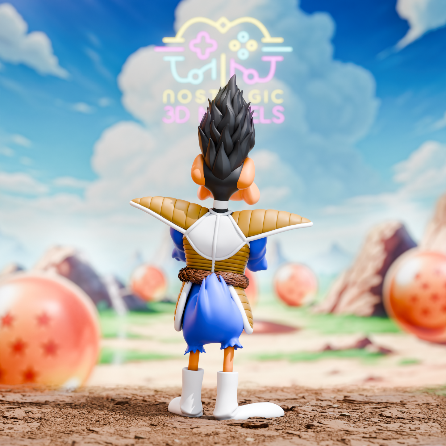 Rear shot of Daffy Duck’s Saiyan armor with high shoulder pads, tail feathers visible below the blue jumpsuit.