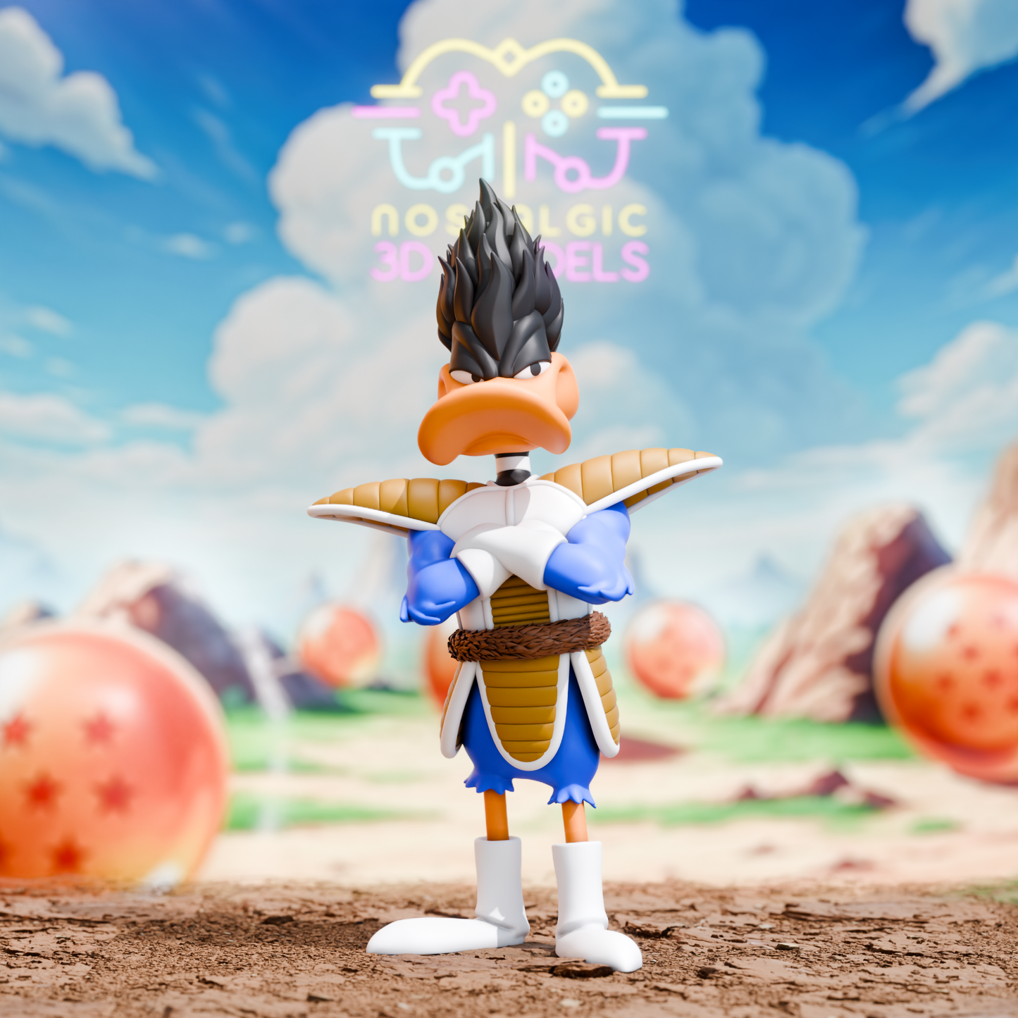 3D printed figure of Daffy Duck dressed as Vegeta, arms crossed in a stern pose with classic Saiyan armor and spiky black hair.