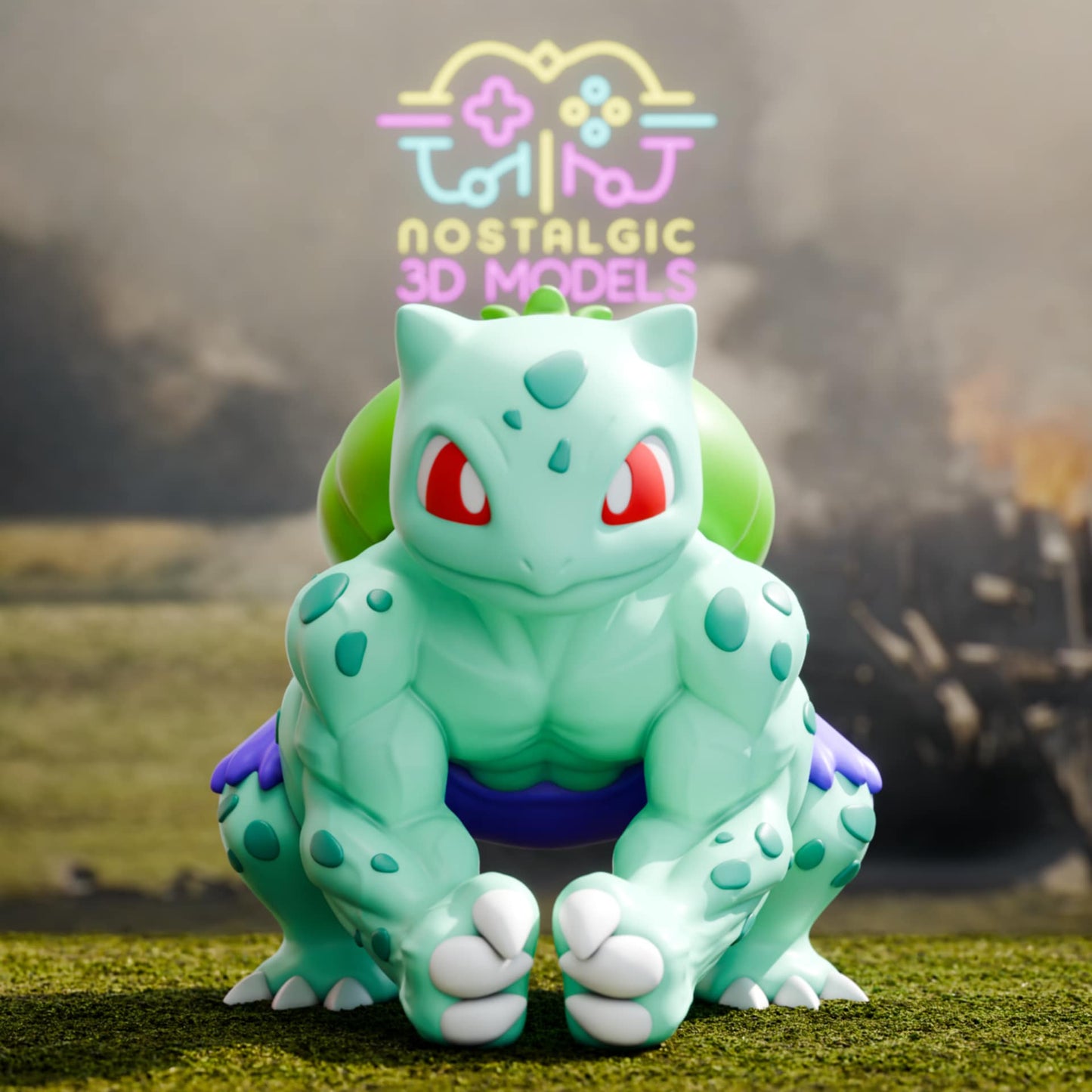 3D printed Bulbasaur reimagined as the Hulk, in a powerful crouch with muscular limbs and angry red eyes. The background is a smoky battlefield with destruction in the distance and the Nostalgic 3D Models logo floating above.