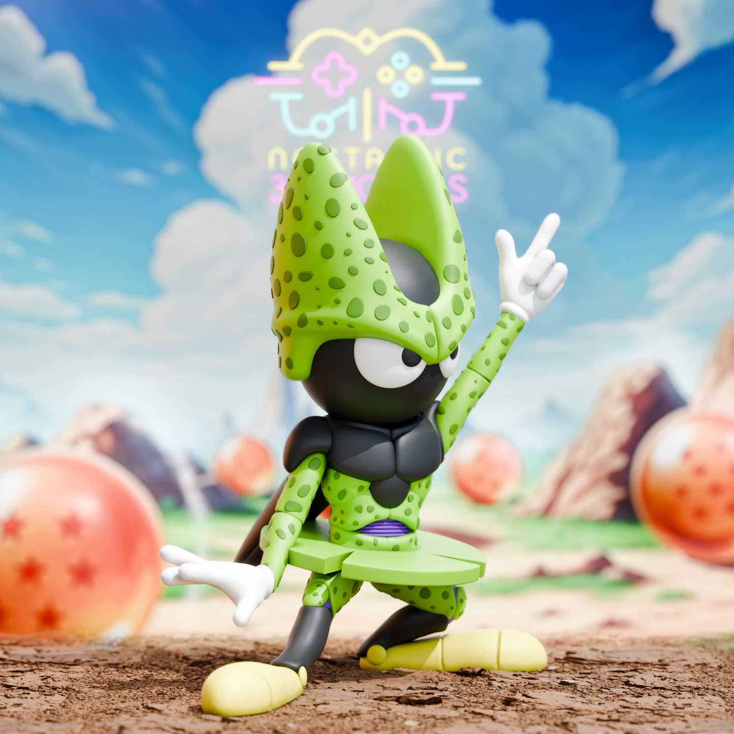 Dynamic angle of the Marvin the Martian as Cell 3D printed collectible in an action stance, highlighting detailed sculpting and character mashup design. Dragon Ball environment in the background