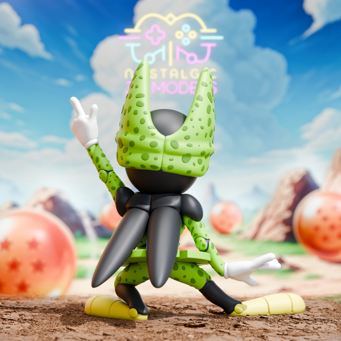 Back view of the Marvin the Martian as Cell 3D figure, showcasing Cell’s spotted armor, cape, and signature helmet against a Dragon Ball-themed desert background.