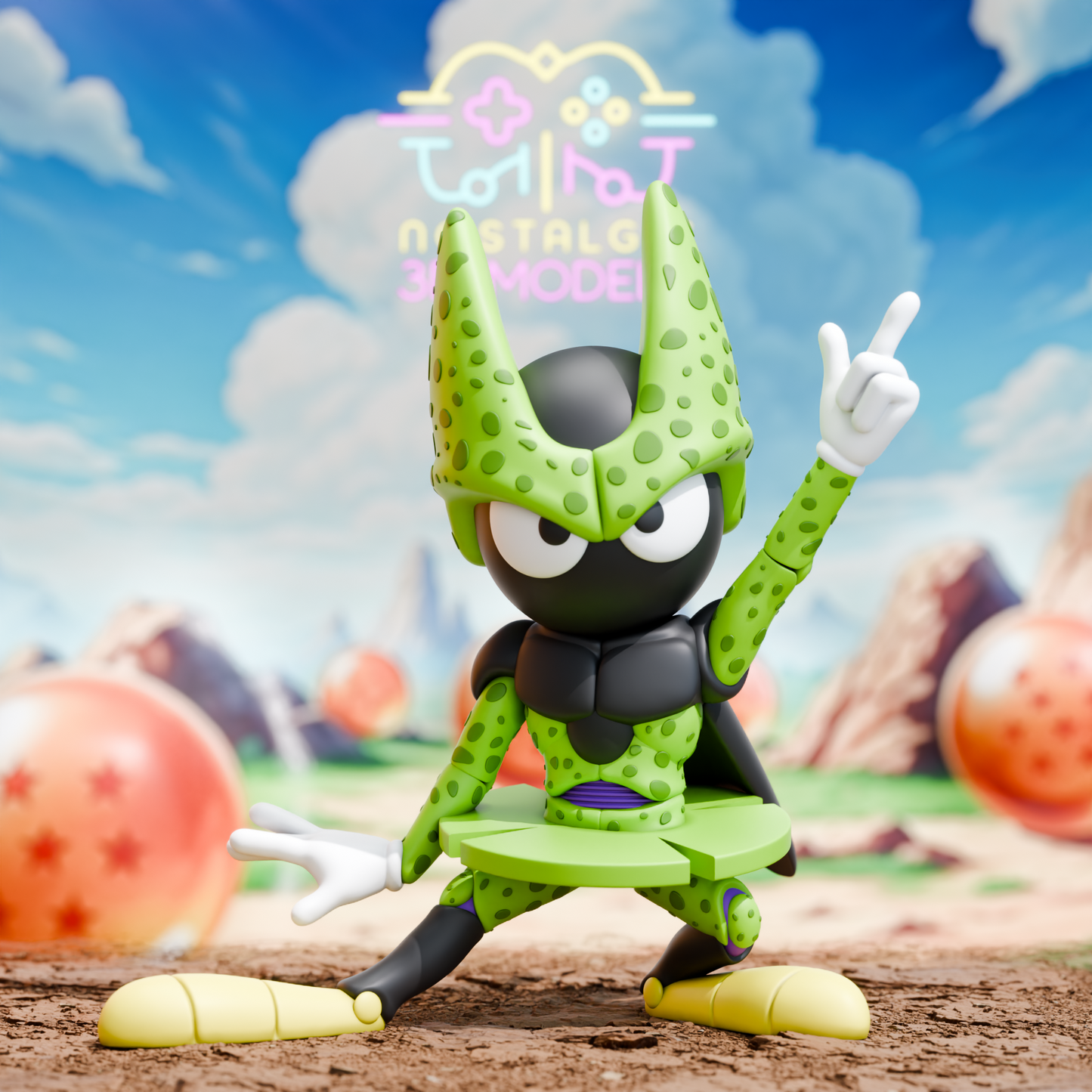 3D printed figure of Marvin the Martian dressed as Cell from Dragon Ball Z, striking a confident pose with one hand raised. The background features a stylized Dragon Ball desert landscape with orange Dragon Balls