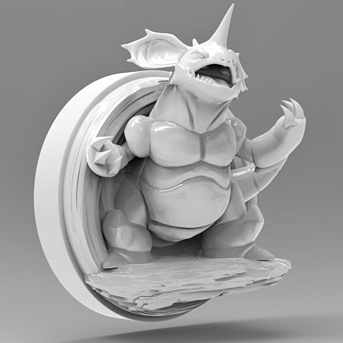 Angled view of the 3D printed Nidoking wall mount, highlighting its dynamic pose, sharp horn, and rock platform as it lunges forward in an aggressive stance.