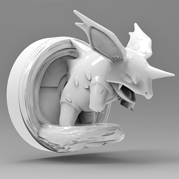 Front view of a 3D printed Nidorino wall mount, featuring the Pokémon in a dynamic, roaring stance. Nidorino bursts forward from a circular frame with realistic rock texture below, showcasing prominent ears, horn, and muscular form in crisp detail.