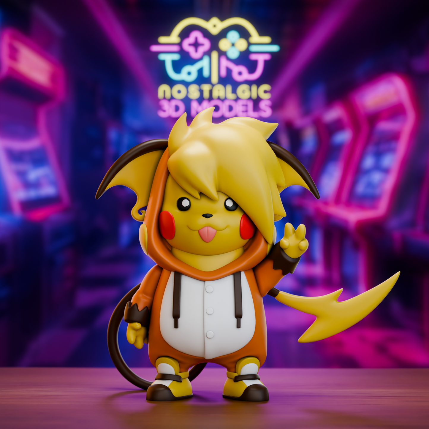 3D printed chibi Pikachu figure wearing a Raichu-inspired onesie with floppy ears, brown cheeks, and a playful smile, posed in front of a neon arcade background.