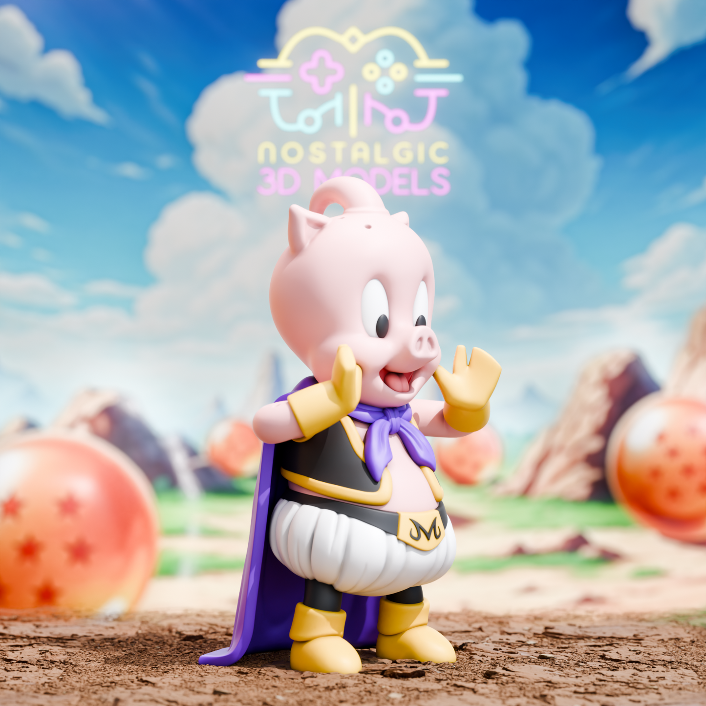 3D printed figure of Porky Pig dressed as Majin Buu from Dragon Ball Z, standing on a dirt-like terrain with a bright blue sky and Dragon Balls in the background. He’s smiling with his hands raised in excitement, wearing a purple cape, black and gold vest, white puffy pants, and yellow gloves and boots.