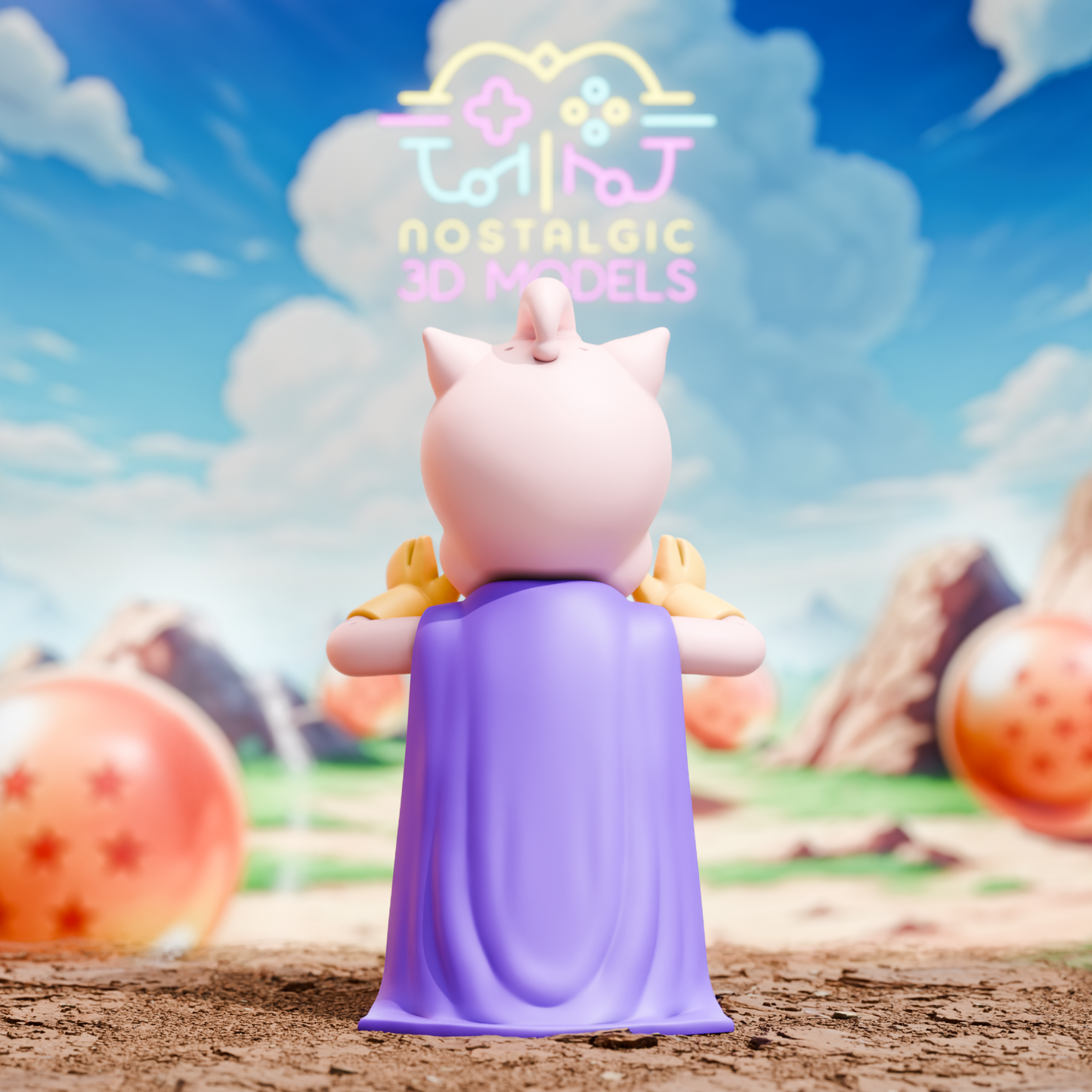Back view of the Porky Pig as Majin Buu figure, showing his pink pig ears and flowing purple cape. The terrain and Dragon Ball-themed background continue behind him.