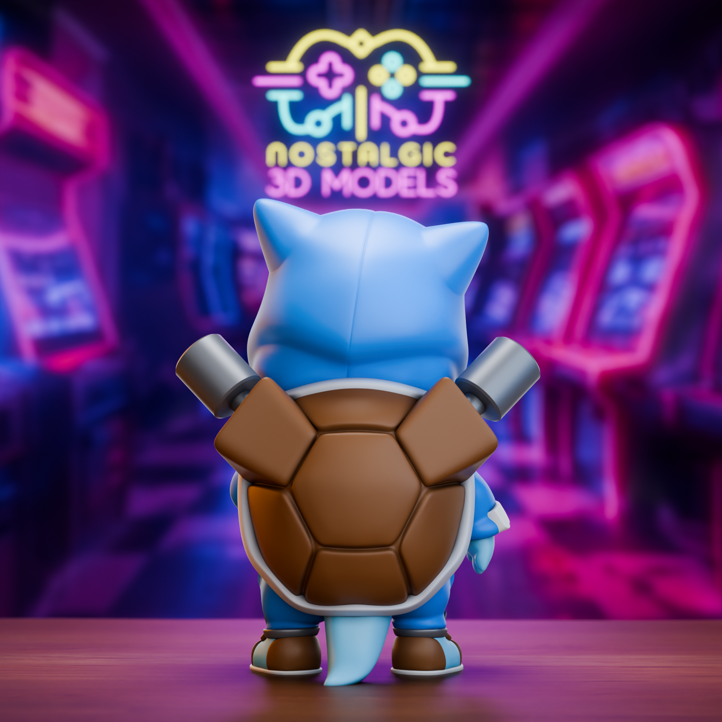 Rear view of a Squirtle figure in a Blastoise hoodie, showing a detailed turtle shell and mounted water cannons, 3D printed collectible.