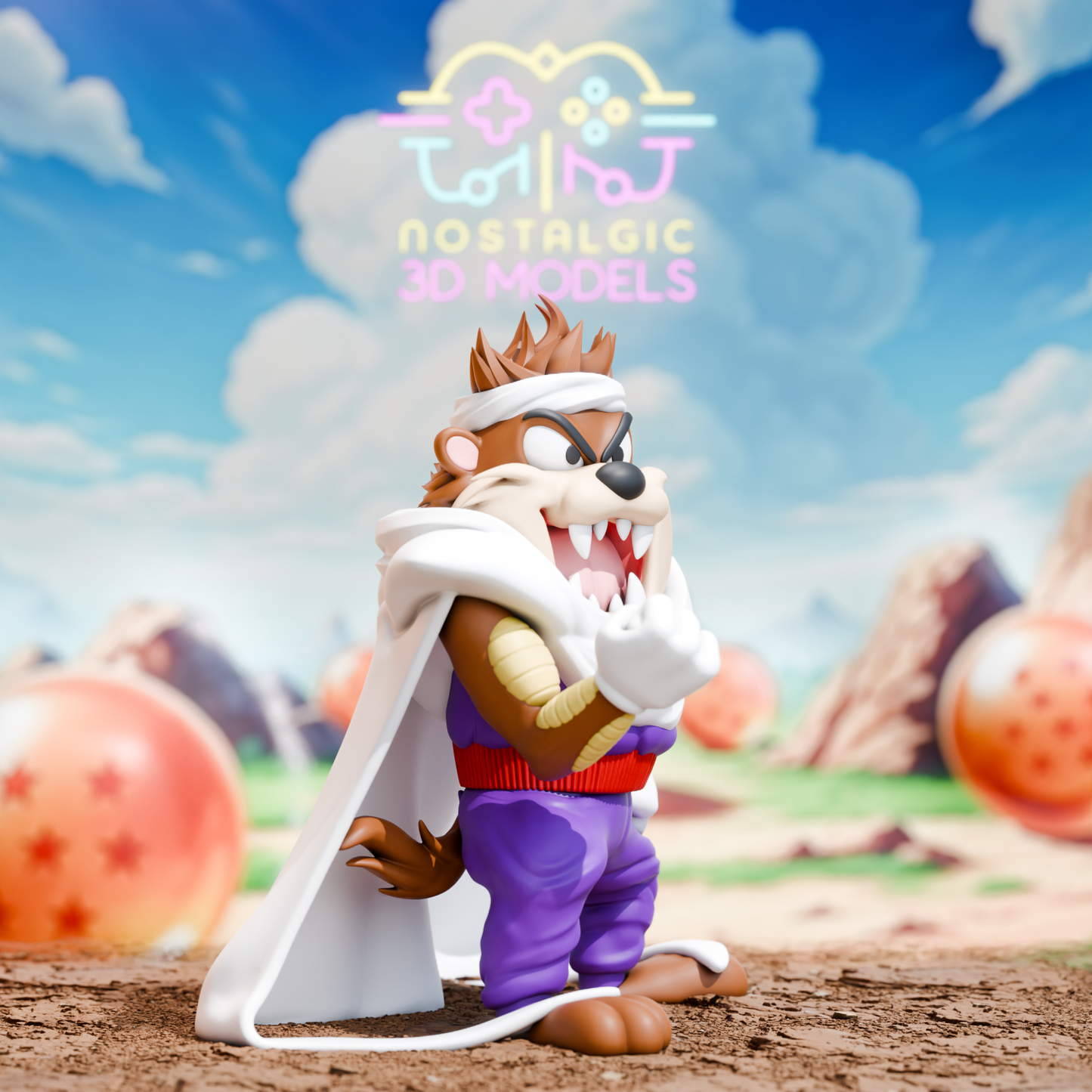 3D printed figure of the Tasmanian Devil dressed as Piccolo from Dragon Ball Z. Taz strikes a fierce pose with clenched fists, wearing Piccoloβs signature white cape, purple outfit, and red waistband. A vibrant anime-style background with Dragon Balls floats behind him.