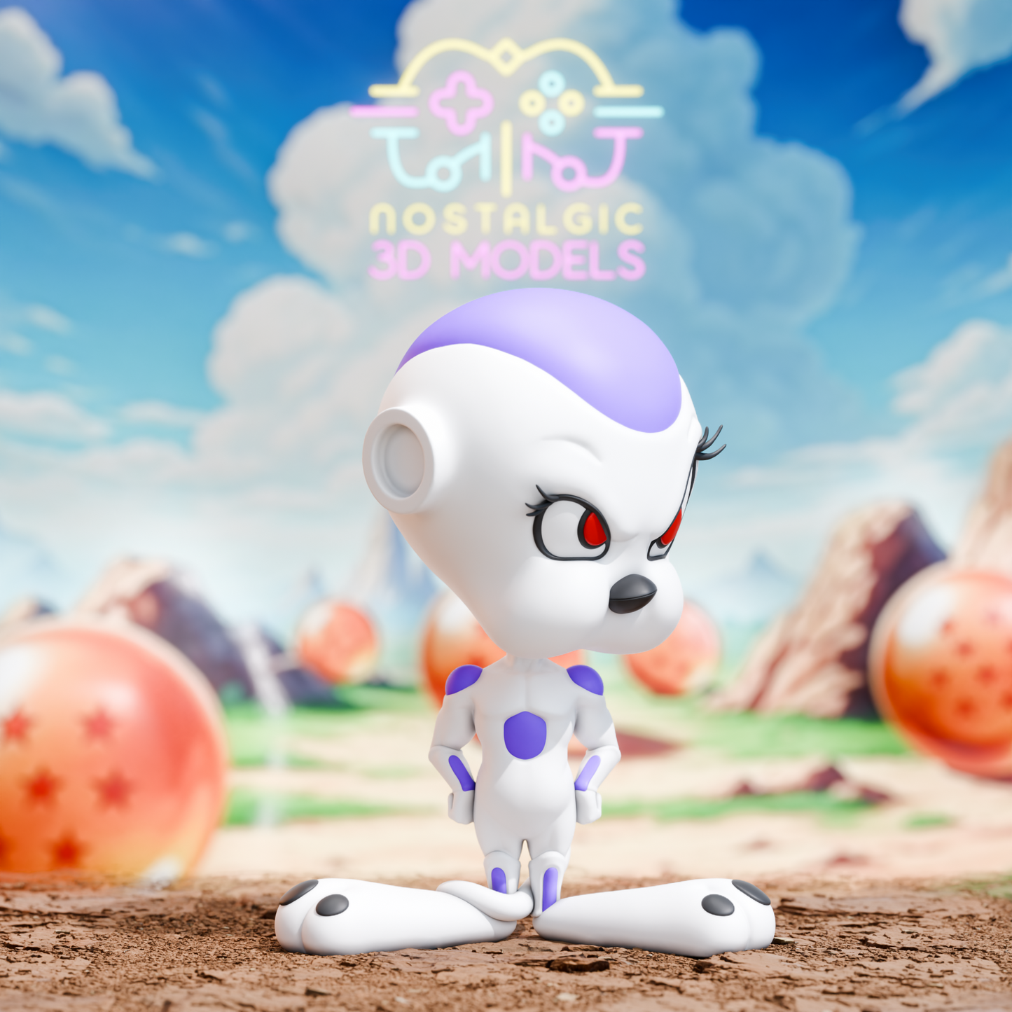 Side angle of the Tweety Frieza mashup figure with one hip cocked and sassy expression in a desert battlefield scene