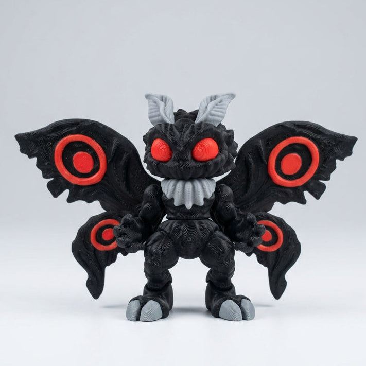 3D printed Mothman figurine with a textured black body, large glowing-red coloured eyes, grey antennae, four black wing sections decorated with red circular markings, grey chest detailing and clawed feet, photographed against a light grey background.
