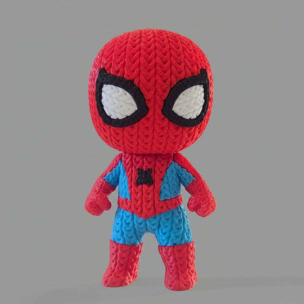 Crochet style Spider-Man inspired 3D printed figure featuring a red and blue suit, large white eyes, textured knitted-look design, and cute collectible display style.