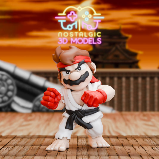 3D printed Mario in a fierce fighting stance, wearing a white martial arts gi, red headband, red gloves, and black belt. He has a determined expression, standing on a wooden platform with a vibrant sunset and traditional Japanese-style rooftop in the background. Neon “Nostalgic 3D Models” logo glows above.