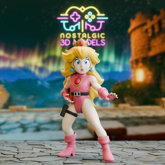 3D printed figure of Mario dressed as a Street Fighter character, seen from behind. He wears a white gi with a black belt, red headband, and red gloves, standing on a wooden fighting stage with a dramatic sunset backdrop and the “Nostalgic 3D Models” neon logo above.