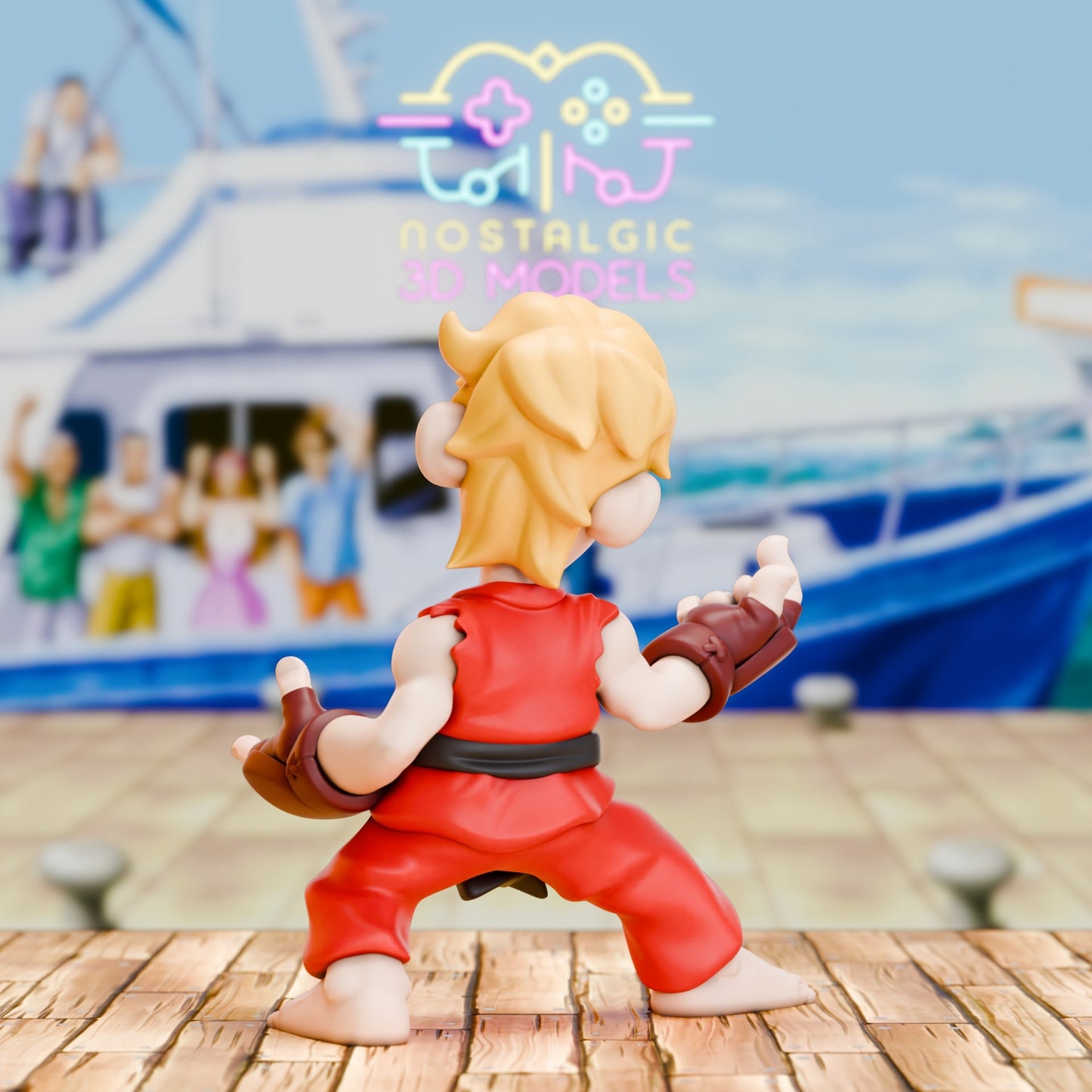 Rear view of a 3D printed Luigi figure in a red torn gi and black belt, hands poised in a fighting stance. His spiky blond hair and fingerless gloves are visible against a dockside setting with a cruise ship and neon "Nostalgic 3D Models" logo.