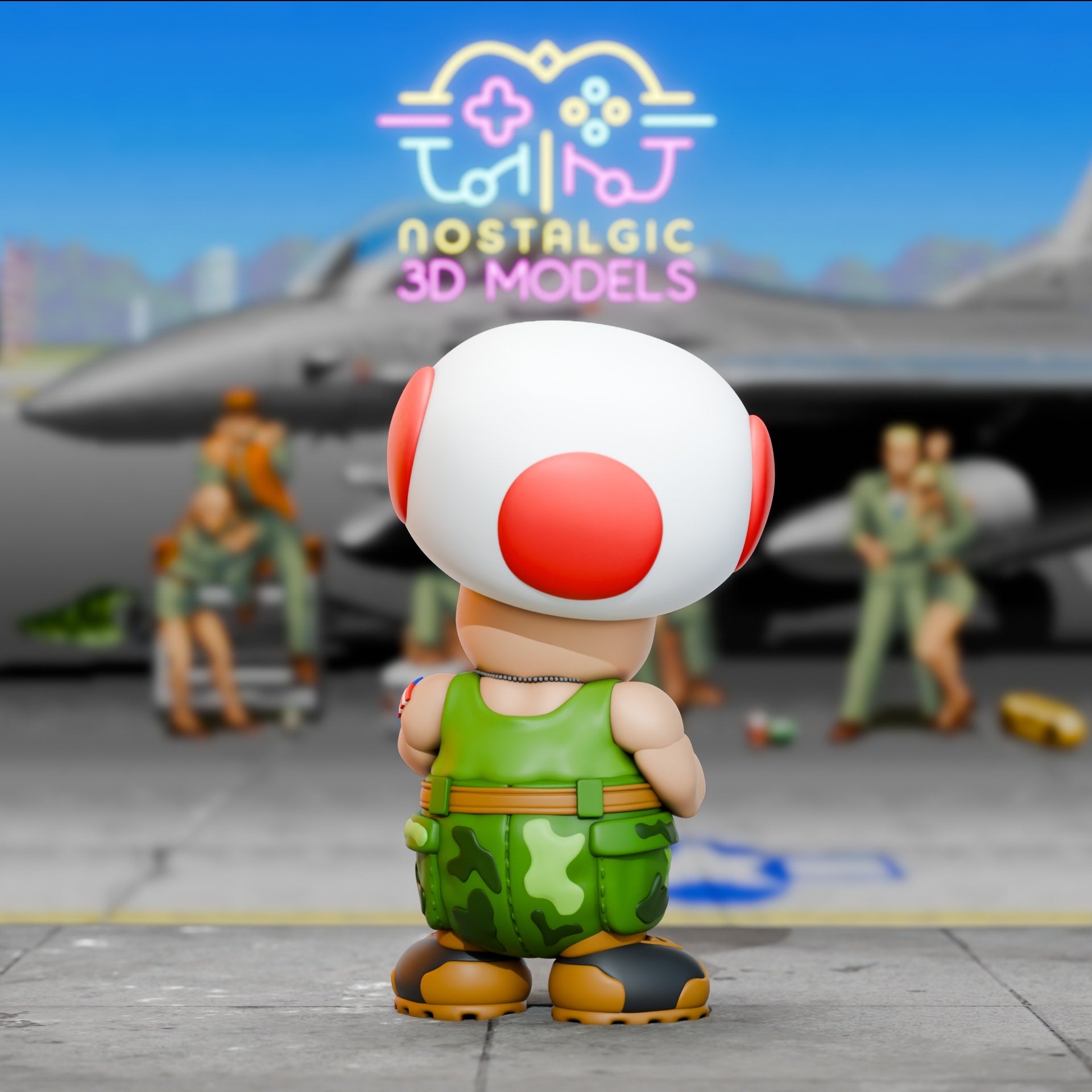 3D printed figure of Toad dressed as Street Fighter’s Guile, viewed from behind. He’s wearing a green camo outfit and standing on an airfield with a fighter jet in the background.