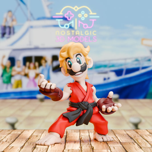 A 3D printed Luigi figure styled in a Street Fighter-inspired red martial arts gi, black belt, and brown gloves. He stands in a confident fighting pose on a wooden dock with a blurred cruise ship background. The scene features a neon "Nostalgic 3D Models" sign above.