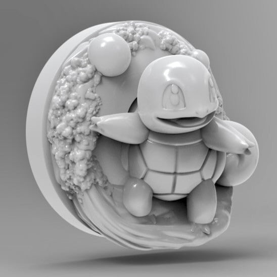 A playful 3D model of Squirtle surfing on a cresting wave, arms out and eyes wide with excitement. The background is a swirling, foamy splash frozen in motion, with a round base mimicking a water splash.
