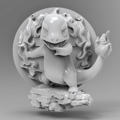 A bold 3D sculpt of Charmander on a rocky platform with roaring fire swirling behind it. The pose is front-facing with one hand up and a determined expression, flames flaring from its tail and curling around its back.