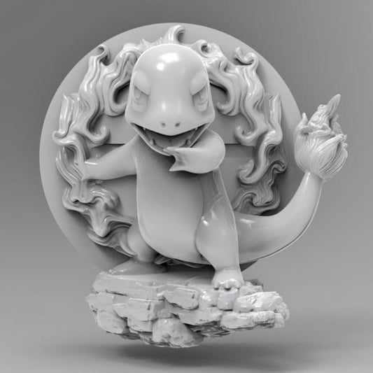 A bold 3D sculpt of Charmander on a rocky platform with roaring fire swirling behind it. The pose is front-facing with one hand up and a determined expression, flames flaring from its tail and curling around its back.