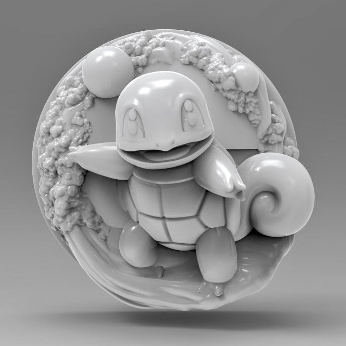 A front-facing 3D figure of Squirtle playfully balancing on a wave, arms open wide and a big grin on its face. Bubbles and splashes form a circular backdrop, with the tail clearly curled behind.