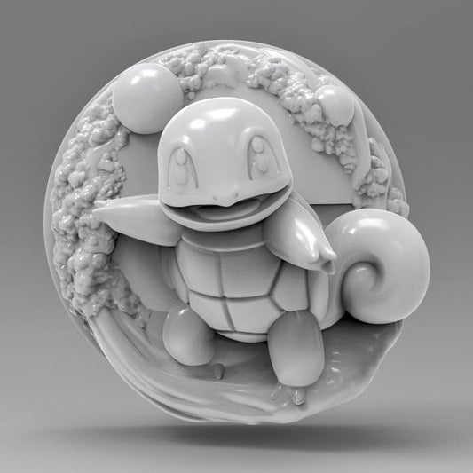 A front-facing 3D figure of Squirtle playfully balancing on a wave, arms open wide and a big grin on its face. Bubbles and splashes form a circular backdrop, with the tail clearly curled behind.