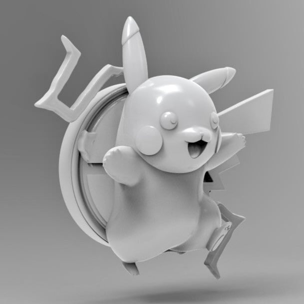 A 3D sculpt of Pikachu mid-leap with an energetic, joyful expression. Its body is slightly turned with one leg up, arms open, and ears pointed, with lightning bolts emerging from a circular backing behind it.