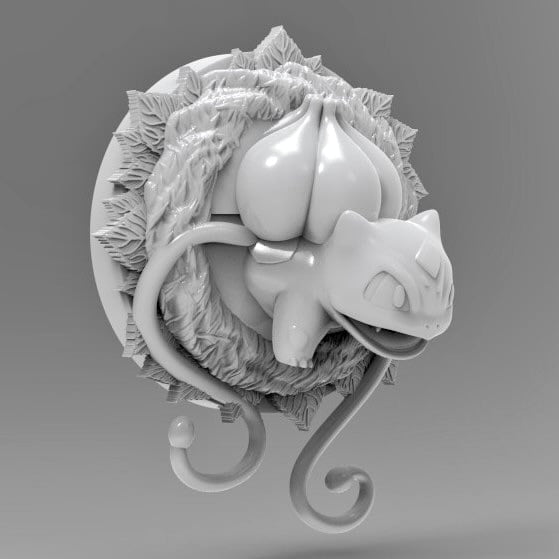 A 3D printed wall décor featuring Bulbasaur from Pokémon. The design shows Bulbasaur emerging from a circular leafy frame with detailed vines curling outward, giving a dynamic and lifelike effect. The model is unpainted in smooth white resin.