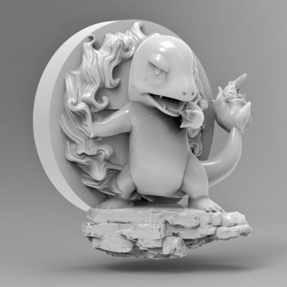 A dynamic 3D render of Charmander standing on a rocky base. It has a fiery swirl rising from its tail, partially wrapping behind it in a spiral. The pose shows Charmander confidently sticking out its tongue and slightly turned to the side.