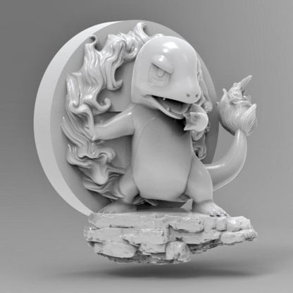 A dynamic 3D render of Charmander standing on a rocky base. It has a fiery swirl rising from its tail, partially wrapping behind it in a spiral. The pose shows Charmander confidently sticking out its tongue and slightly turned to the side.