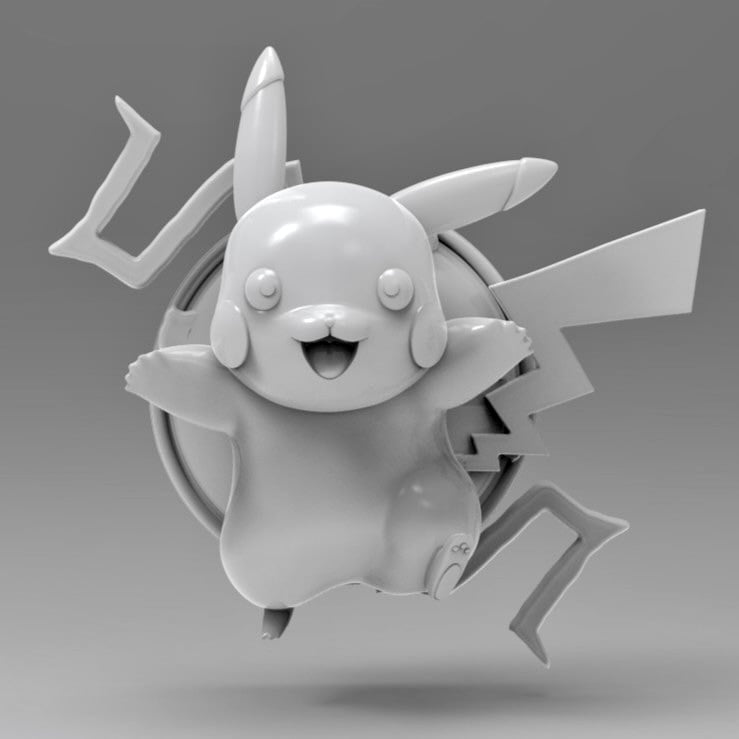 A front-facing 3D model of Pikachu springing outward with a wide smile and open arms. The figure features a detailed Pokéball-style circular base and large stylized lightning bolts behind it.