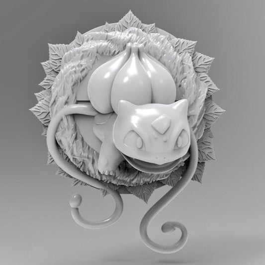 A detailed 3D printed wall decor piece of Bulbasaur, the Pokémon. The design shows Bulbasaur emerging from a circular leafy base with its bulb raised high and tail wrapping around the bottom edge, creating a dynamic and bold display piece. The image highlights the fine detail of the print in smooth grey resin.