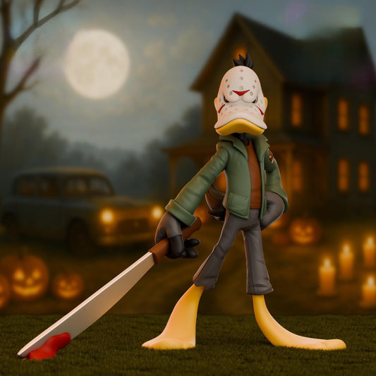 A 3D printed figure of a cartoon-style duck wearing a green jacket and grey pants, holding a large machete with a streak of red near the blade’s edge. The background features a full moon, haunted house, pumpkins, and glowing candles, creating a spooky Halloween scene.