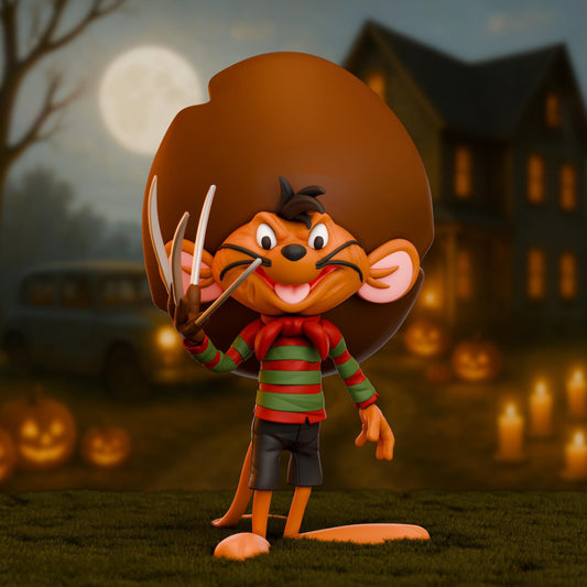A 3D printed figure of a cartoon-style mouse wearing a red and green striped sweater, black shorts, and a red neckerchief. The mouse has large ears, a mischievous grin, and holds claw-like blades on one hand, standing in front of a spooky Halloween scene with pumpkins, candles, and a haunted house under a full moon.