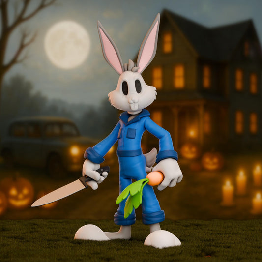 A 3D printed figure of a cartoon-style rabbit wearing a blue jumpsuit, holding a knife in one hand and a carrot in the other. The scene is set against a spooky Halloween backdrop with pumpkins, candles, a full moon, and a haunted house glowing in the background.