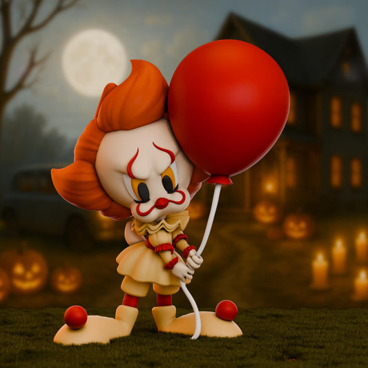 A 3D printed figure of a cute yellow bird styled as a clown, holding a large red balloon. The figure has orange hair, red face paint, and oversized shoes, standing in front of a spooky Halloween background with pumpkins, candles, and a haunted house under a full moon.