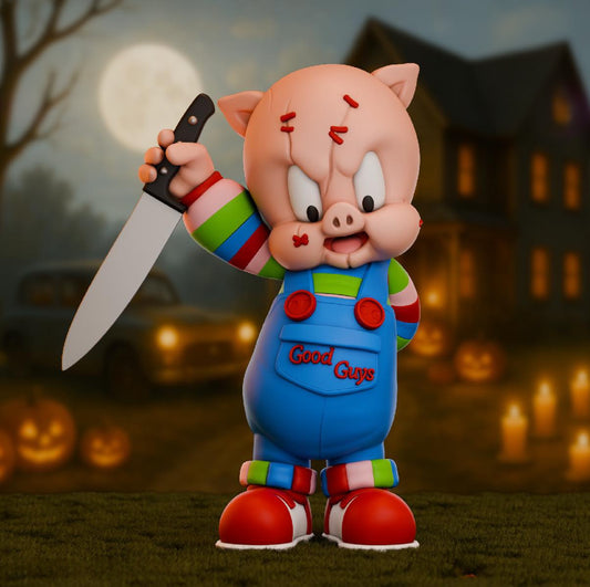 A 3D printed figure of a stylized pig character wearing rainbow-striped sleeves and blue overalls with the words “Good Guys” on the front, holding a large knife. The background shows a spooky Halloween scene with a full moon, pumpkins, candles, and a haunted house.