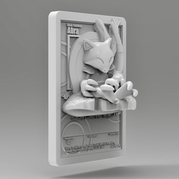 3D printed resin wall art of Abra, curled up asleep and emerging from its trading card frame, with detailed sculpted tail and psychic energy background