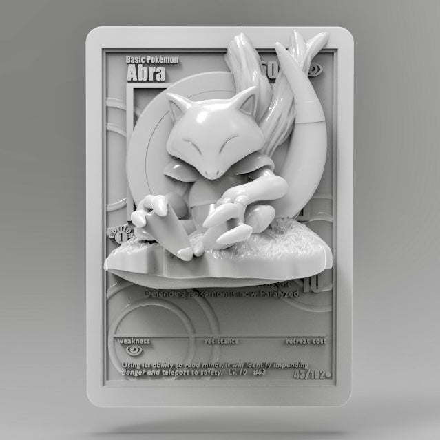 Front-facing 3D printed Abra card display, showing the Pokémon asleep in its card art, sculpted in high-resolution resin."