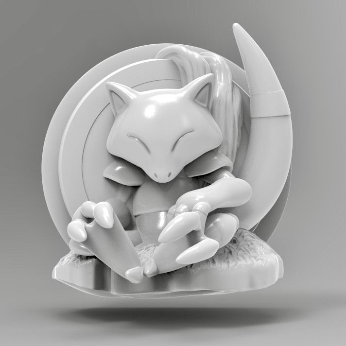 Front-facing view of 3D printed Abra wall décor, showing the Pokémon curled up asleep with fine sculpted detail on its claws, tail, and fur.