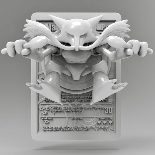 "Alakazam 3D printed bursting out of a resin Pokémon card with both spoons raised, ready for battle."